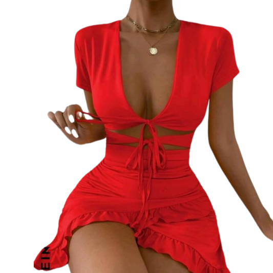 Tied Cutout Front Ruffle Trim Wrap Hem Dress